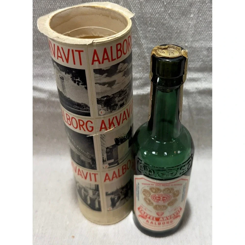 Vintage Aalborg Taffel Akvavit Green Glass bttle with Decorative Tube 10cl Empty